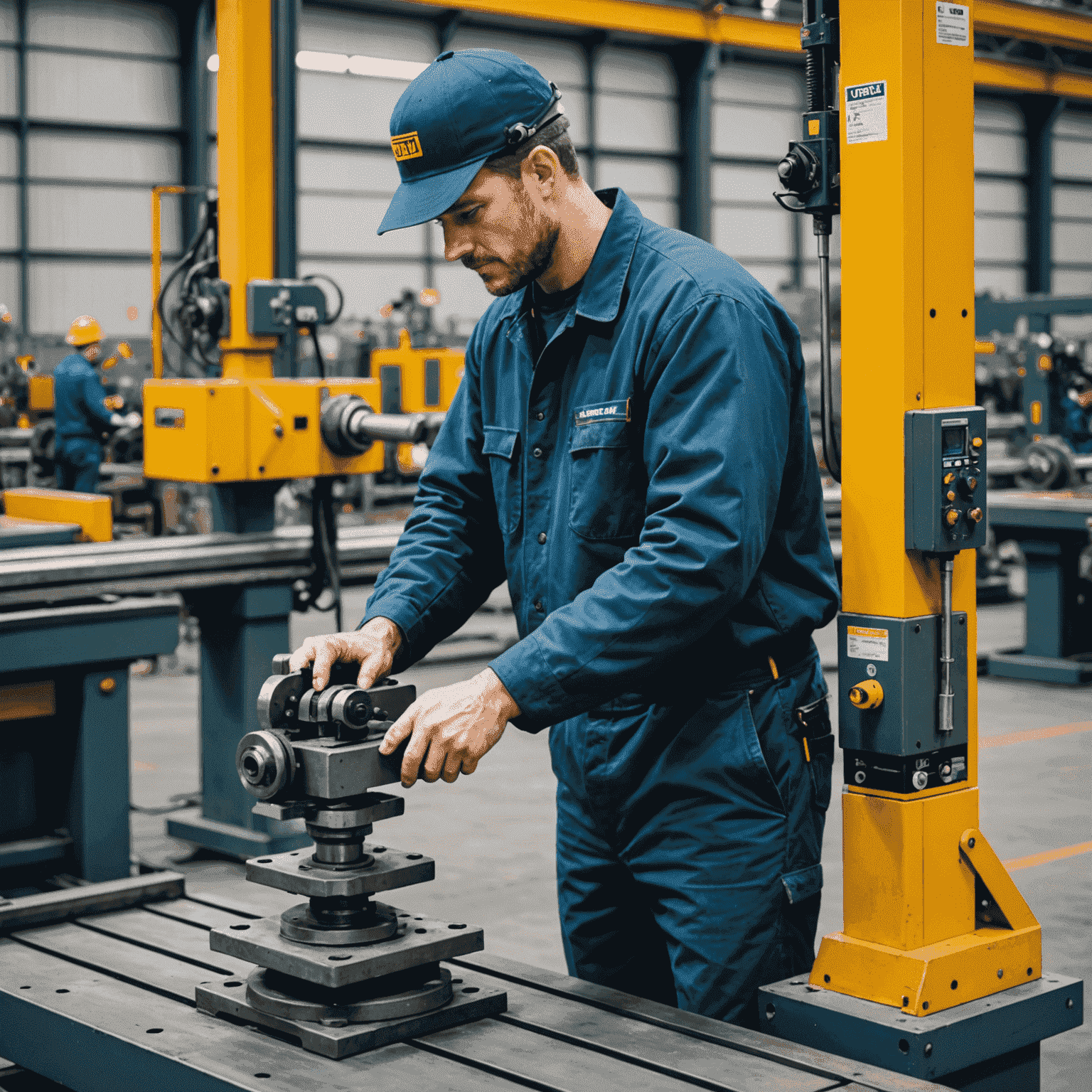 Industrial worker using a Balancer YBF-130L to effortlessly maneuver a heavy tool on a production line. The image showcases the ease and efficiency provided by the tool balancer in a modern manufacturing setting.