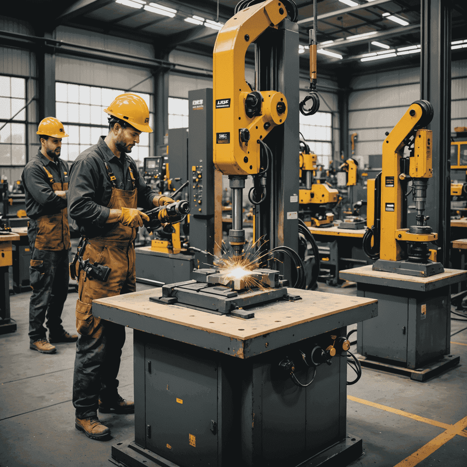 A modern industrial setting showcasing various advanced tool balancers in action, with workers effortlessly manipulating heavy tools