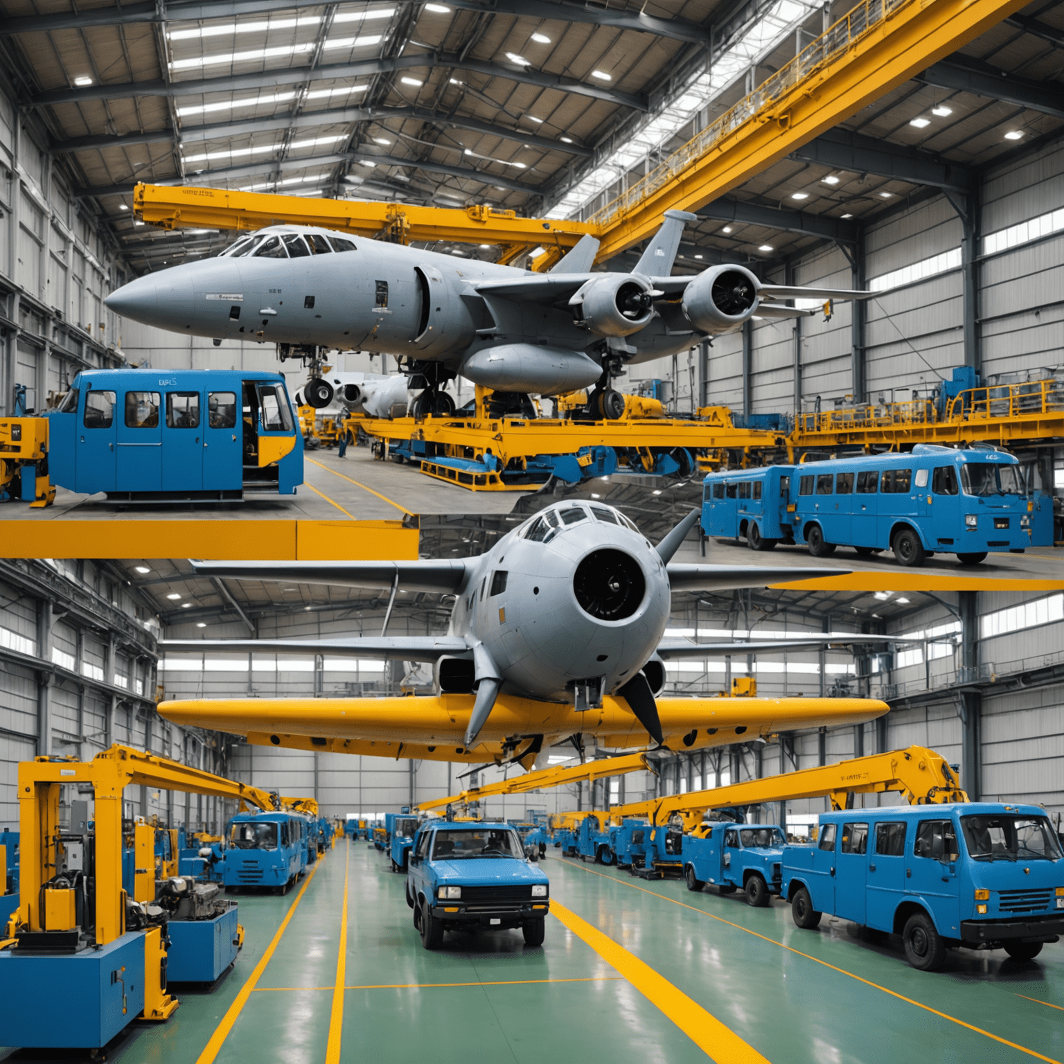 Collage showing Balancer YBF-130L being used in various industries: automotive assembly line, aerospace hangar, manufacturing plant, construction site, and shipyard