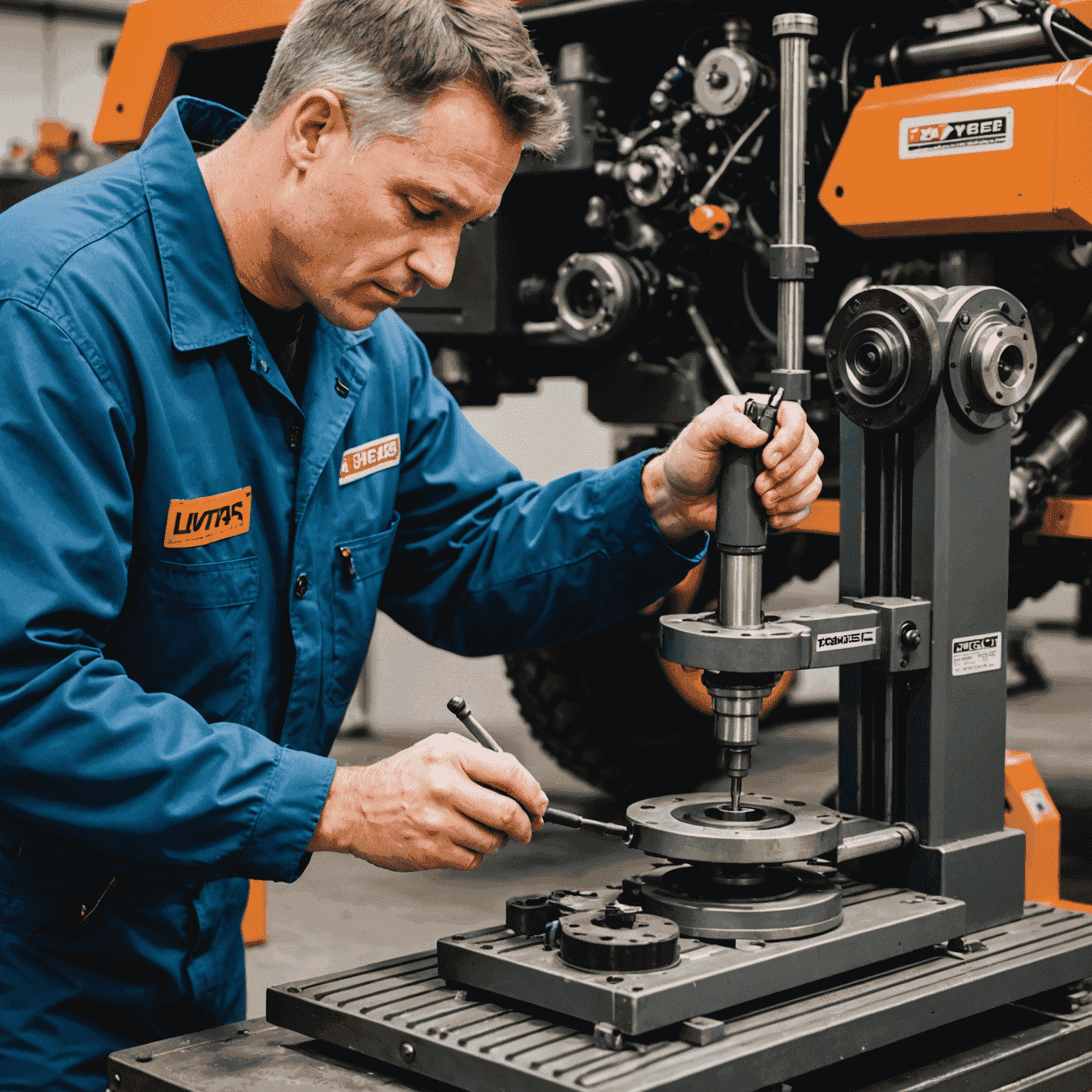 A technician performing maintenance on a YBF-130L tool balancer, carefully inspecting its components and applying lubricant to moving parts