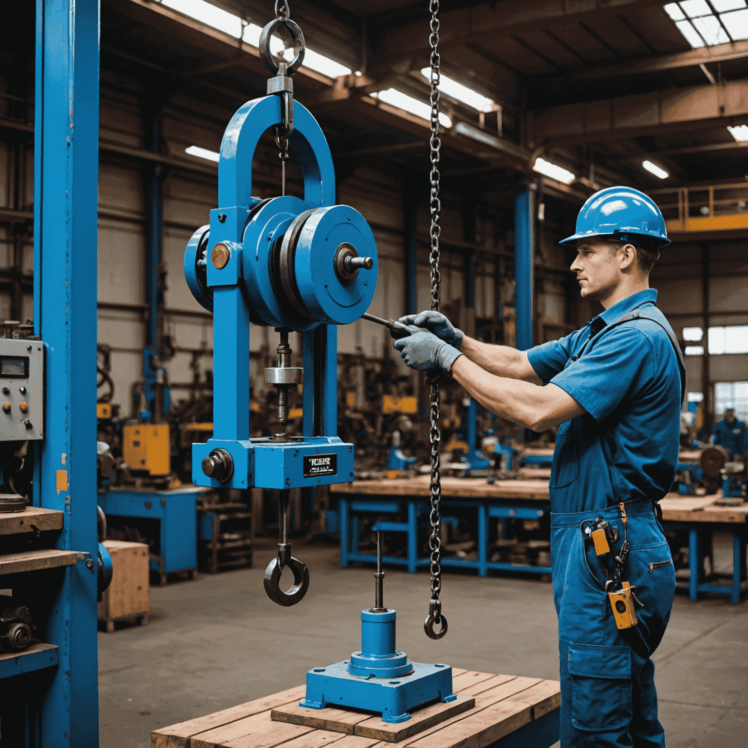 A modern industrial setting with a worker effortlessly manipulating a heavy tool suspended by a Balancer YBF-130L. The tool balancer is sleek and compact, painted in vibrant blue, contrasting with the industrial environment.