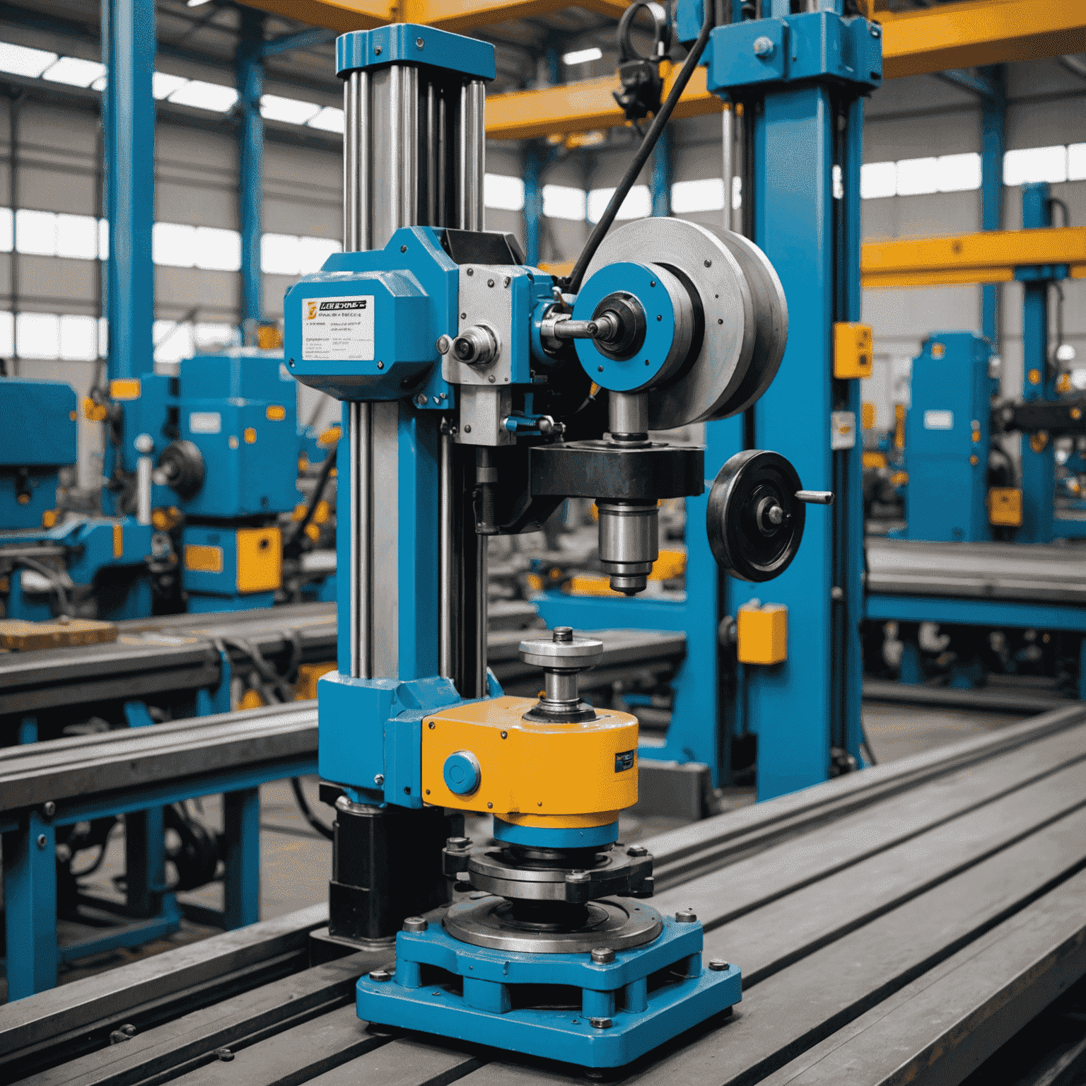 Balancer YBF-130L in use on an industrial production line, suspending a heavy power tool. The balancer is shown in detail, highlighting its robust construction and ergonomic design.