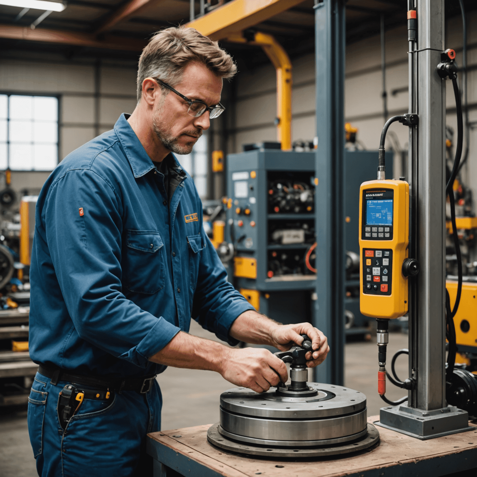 Professional technician installing a tool balancer in an industrial setting, showcasing precision and expertise