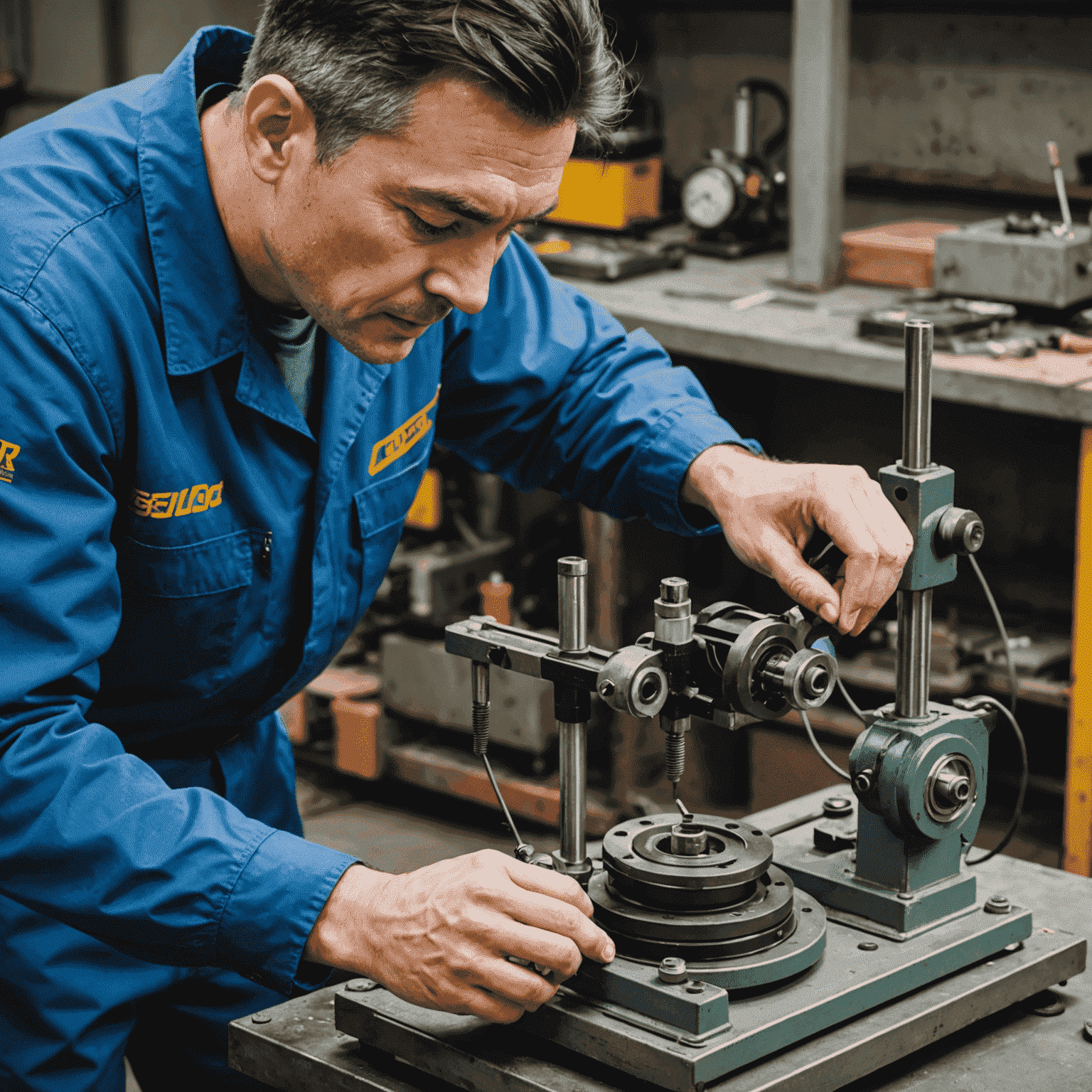 Technician repairing a Balancer YBF-130L tool balancer, carefully examining its spring mechanism and adjusting the tension with specialized tools