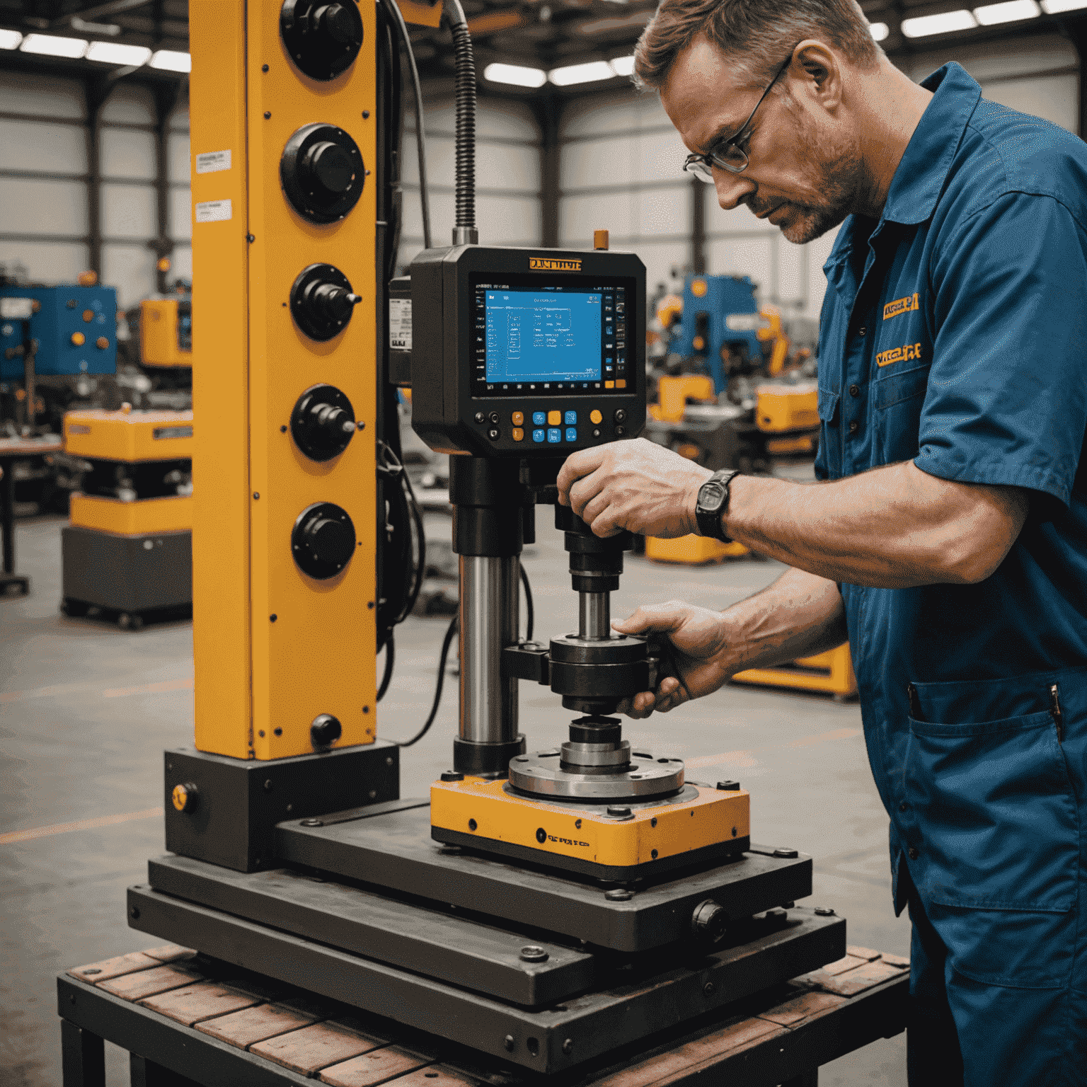 A technician adjusting a custom-designed tool balancer in a high-tech industrial setting, showcasing its unique features and adaptability to specific requirements