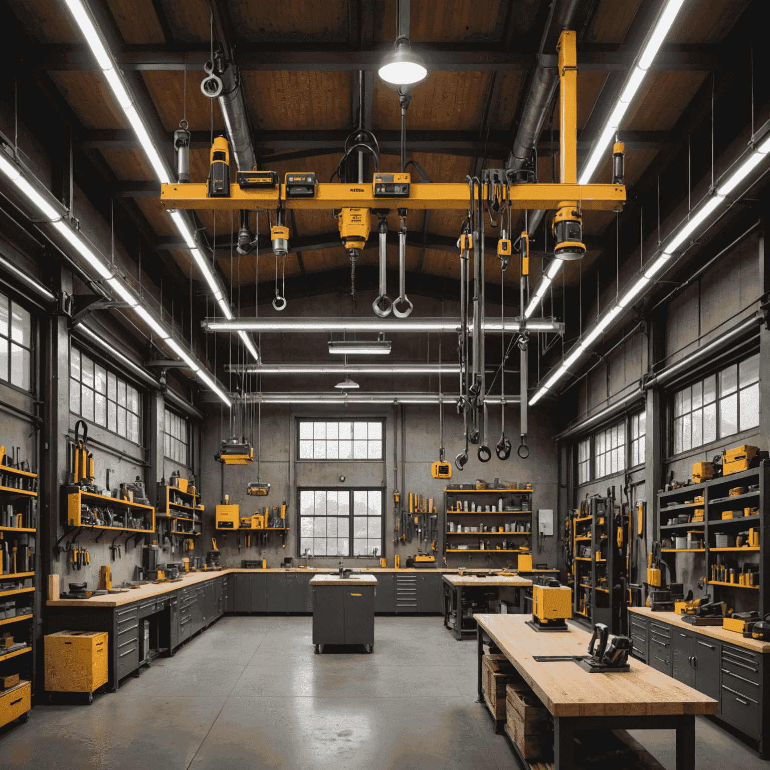 A modern industrial setting with various tool balancers suspended from the ceiling, showcasing their versatility and efficiency in handling different types of tools