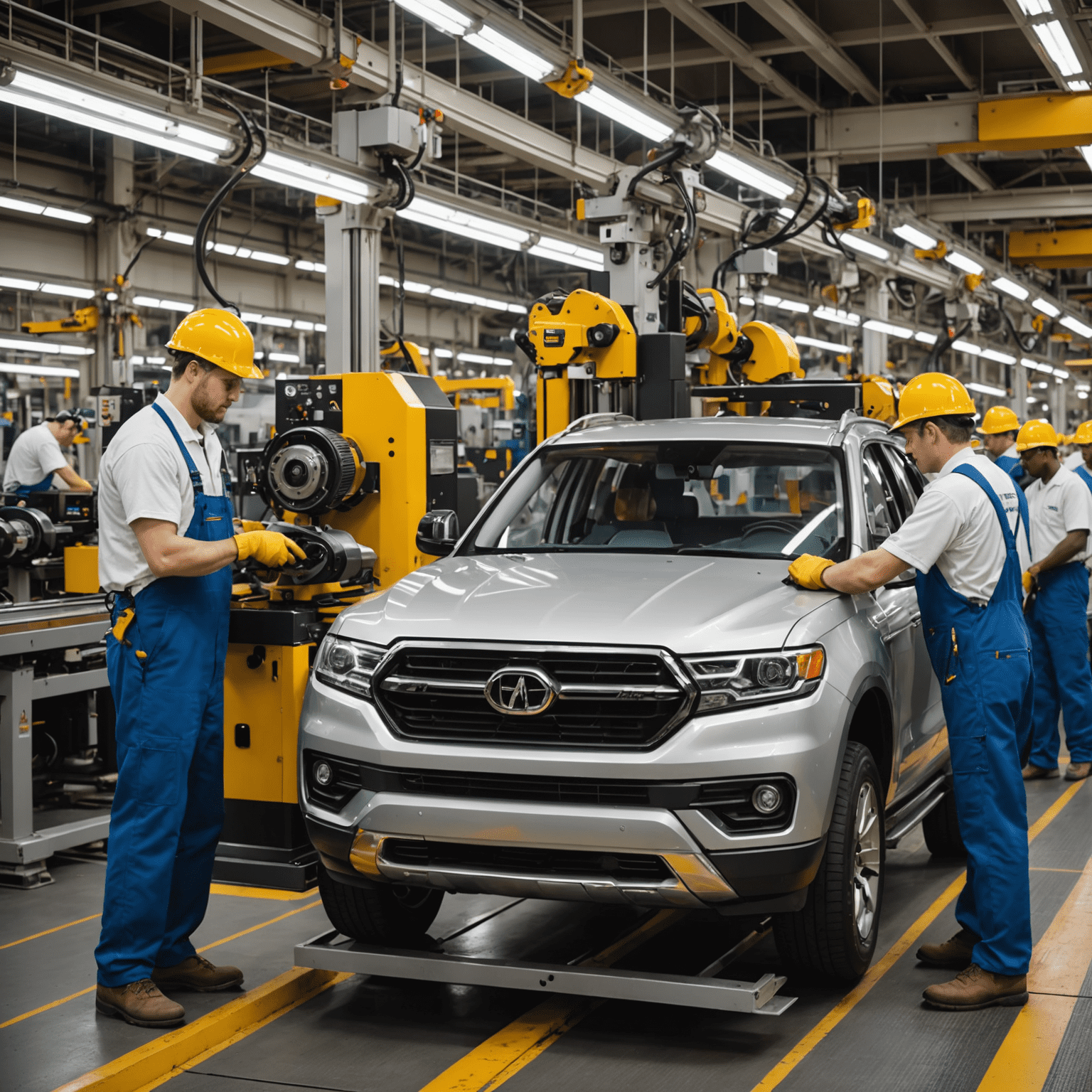 An automotive assembly line with workers using tool balancers to effortlessly maneuver heavy power tools, showcasing increased efficiency and precision in car manufacturing.