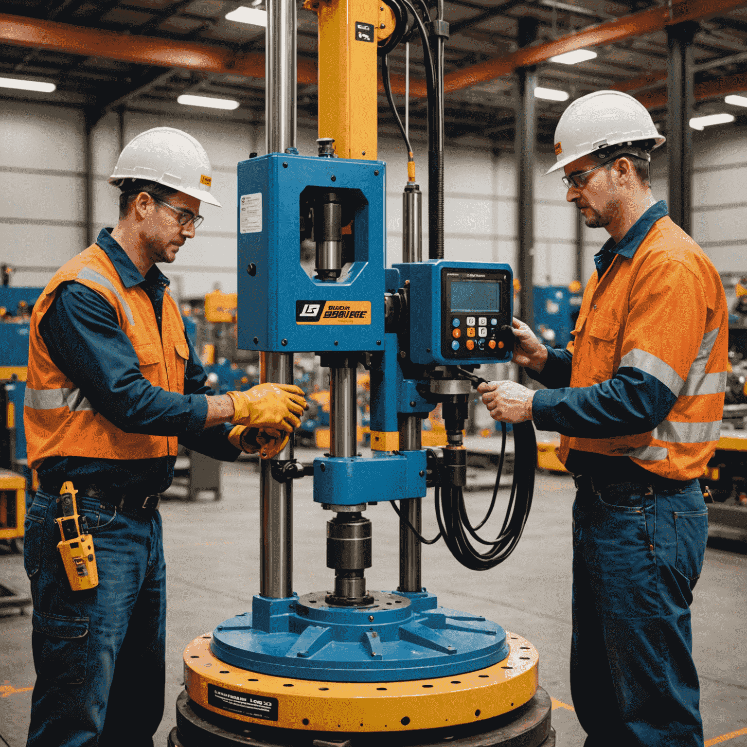 Professional technicians installing a tool balancer in an industrial setting, showcasing the precision and expertise involved in the installation process