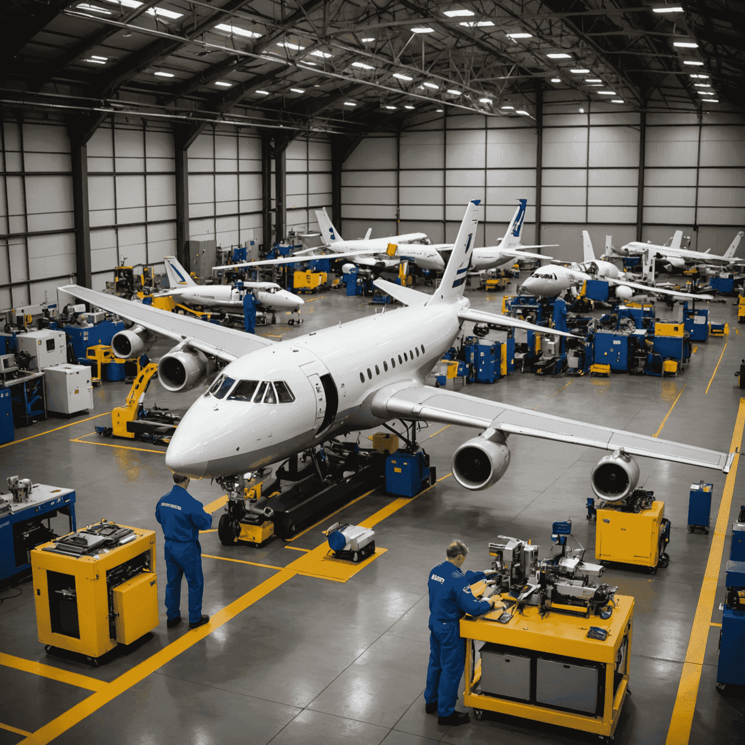 A modern aerospace facility where technicians use tool balancers to precisely handle and position delicate aircraft components, emphasizing the importance of accuracy in this high-tech industry.