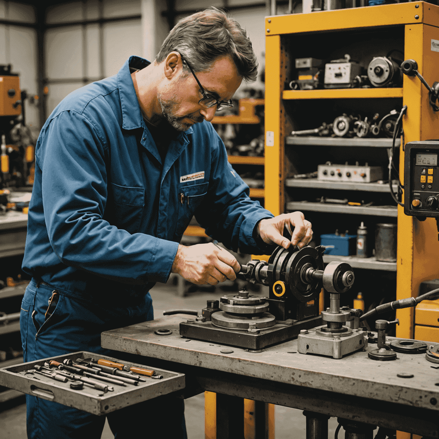 A technician performing maintenance on a tool balancer, with various tools and spare parts visible, emphasizing the importance of regular upkeep