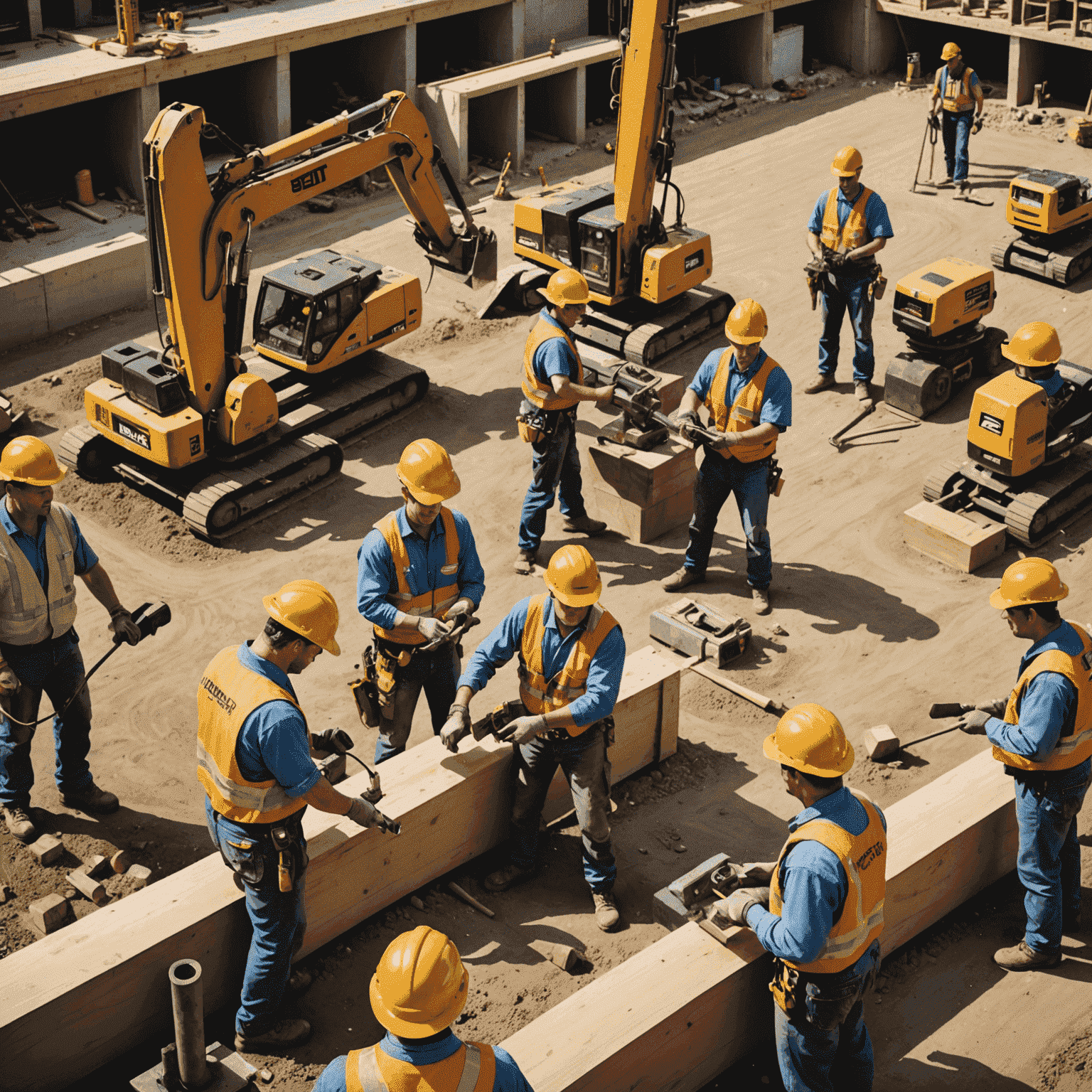 A bustling construction site where workers utilize tool balancers to easily manipulate heavy power tools and equipment, demonstrating improved safety and efficiency in building projects.